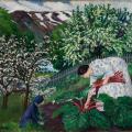 Rabarbra, maleri av Nikolai Astrup fra 1911 av kona Engle som plukker rabarbra i hagen