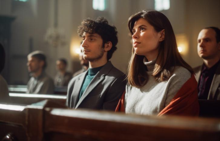 En ung mann og en ung kvinner sitter på kirkebenken 