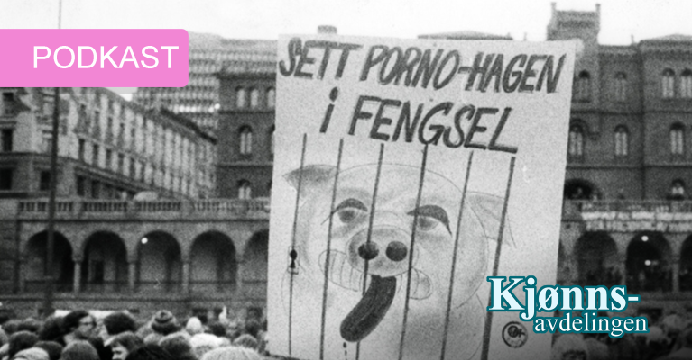 Bildet viser en demonstrasjon der feminister holder en plakat der det står "Sett porno-Hagen i fengsel" og tegning av en gris i bur 