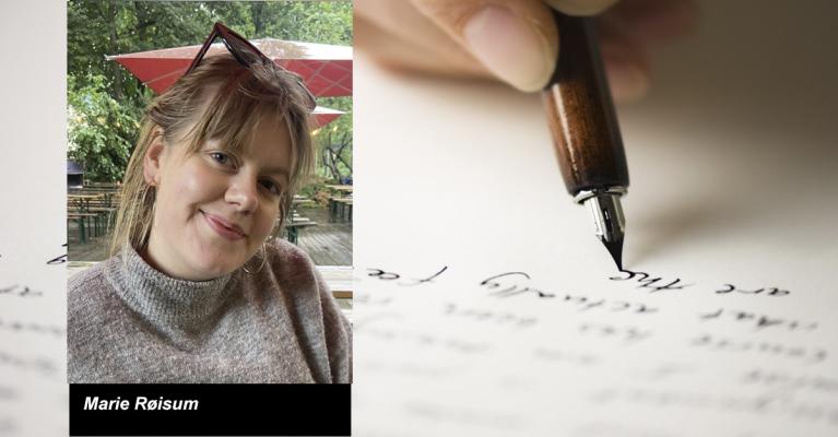 Marie Røisum mot bakgrunn av en skrivende hånd