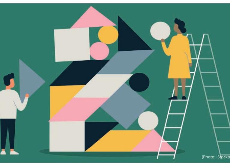 Front page illustration of the policy brief Gender equality, gender balance and diversity in research and innovation showing a man and woman trying to balance circles, squares and triangels