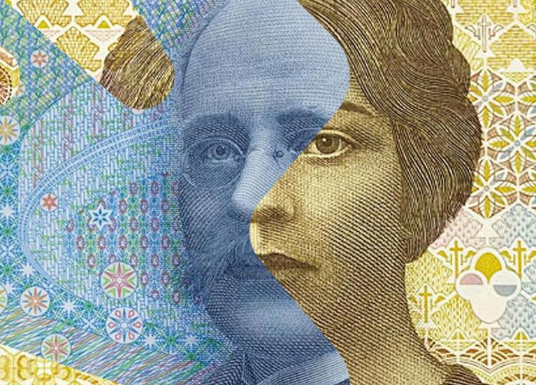 Collage av pengesedler med ansiktet til Sigrid Undset og Kristian Birkeland.