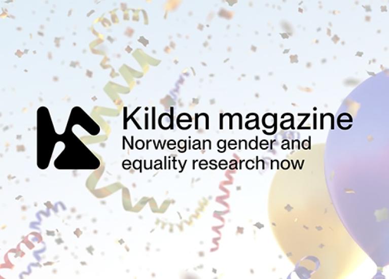 Kilden magazine's logo over a background of confetti and balloons
