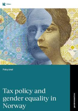 Forside Engelsk policy brief Tax policy and gender equality in Norway illustrasjon av pengeseddel to ansikter satt sammen til ett av Kristian Birkeland Sigrid Undset 