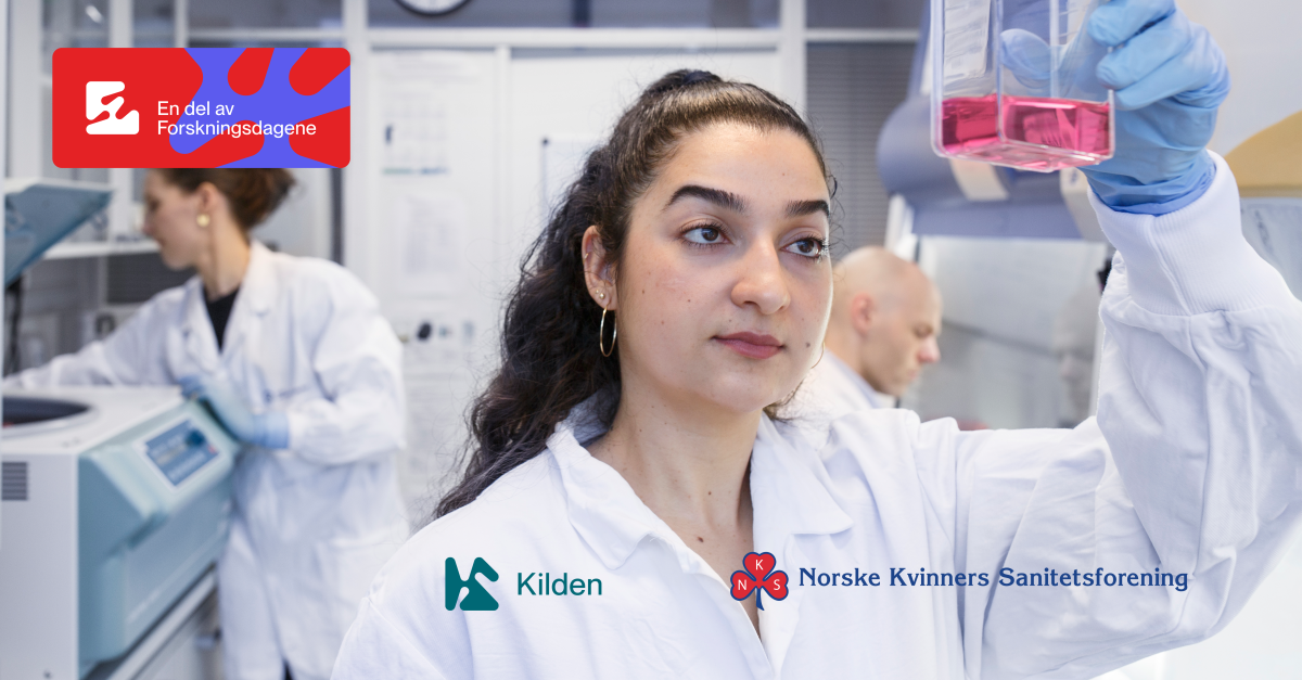 Mørkhåret kvinne i laboratorium studerer kolbe med rosafarget væske.
