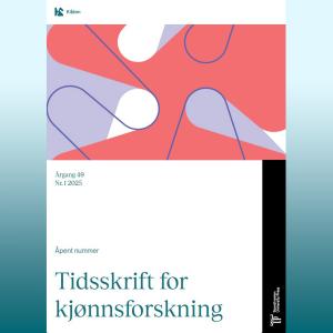 Forside Tidsskrift for kjønnsforskning 1-25 med grønn bakgrunn og grafisk design i rød, hvit og lilla utsnitt av Kildens logo K