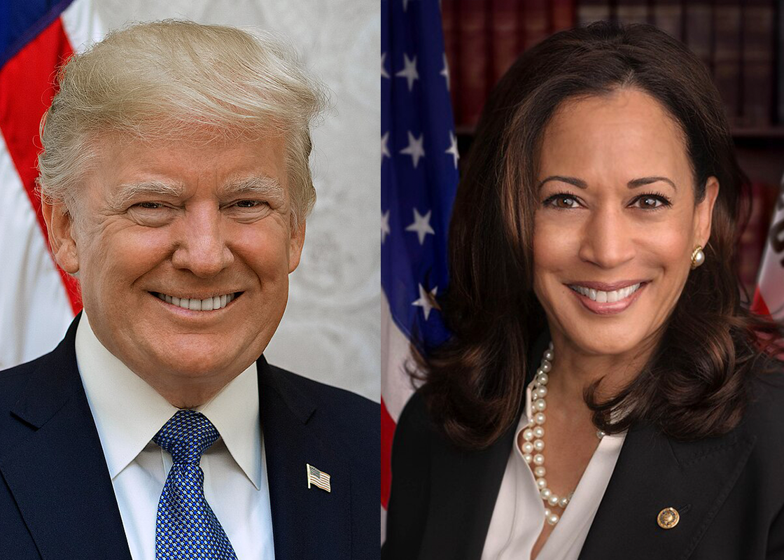 Portrettfoto av presidenkandidatene Donald Trump og Kamala Harris