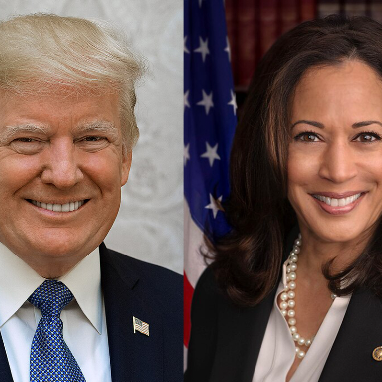 Portrettfoto av presidenkandidatene Donald Trump og Kamala Harris