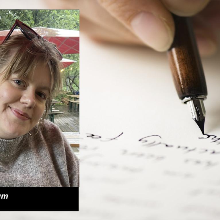 Marie Røisum mot bakgrunn av en skrivende hånd